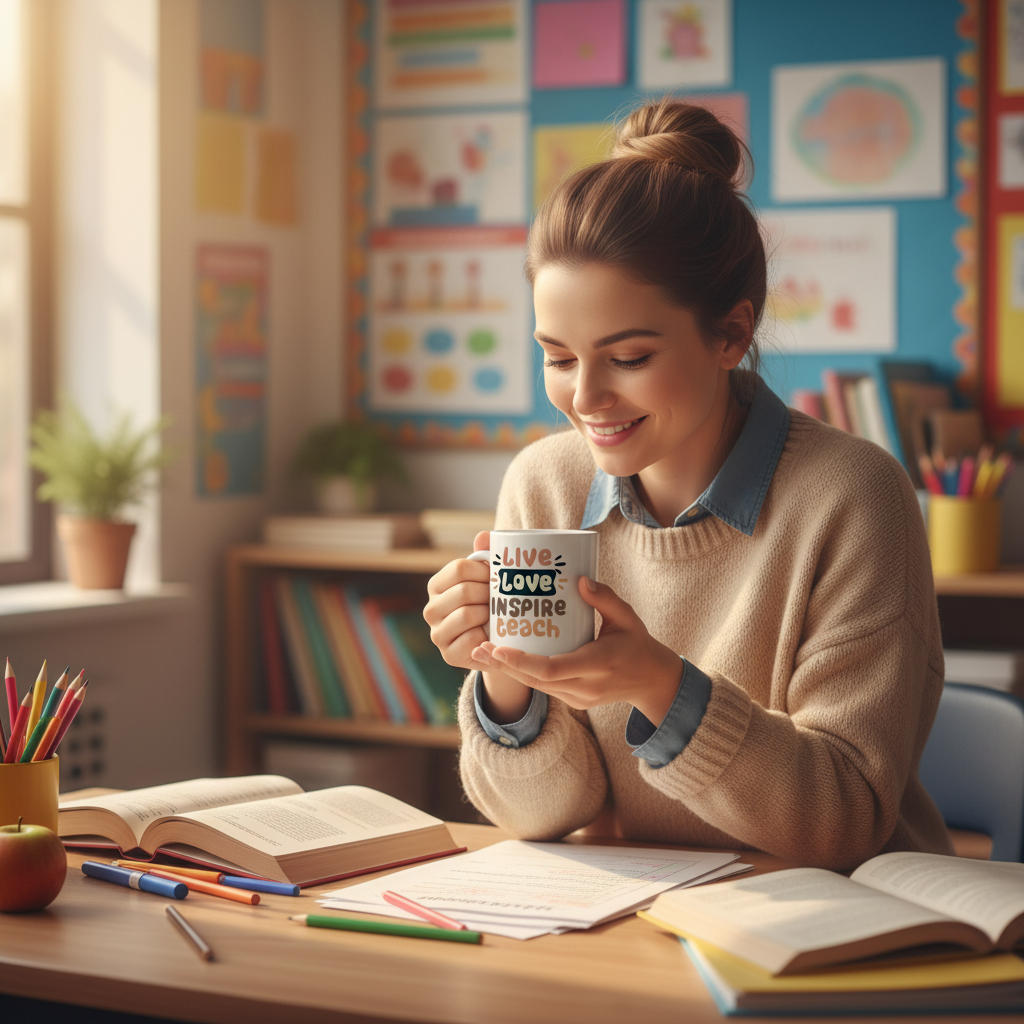 Teacher holding mug with both designs visible