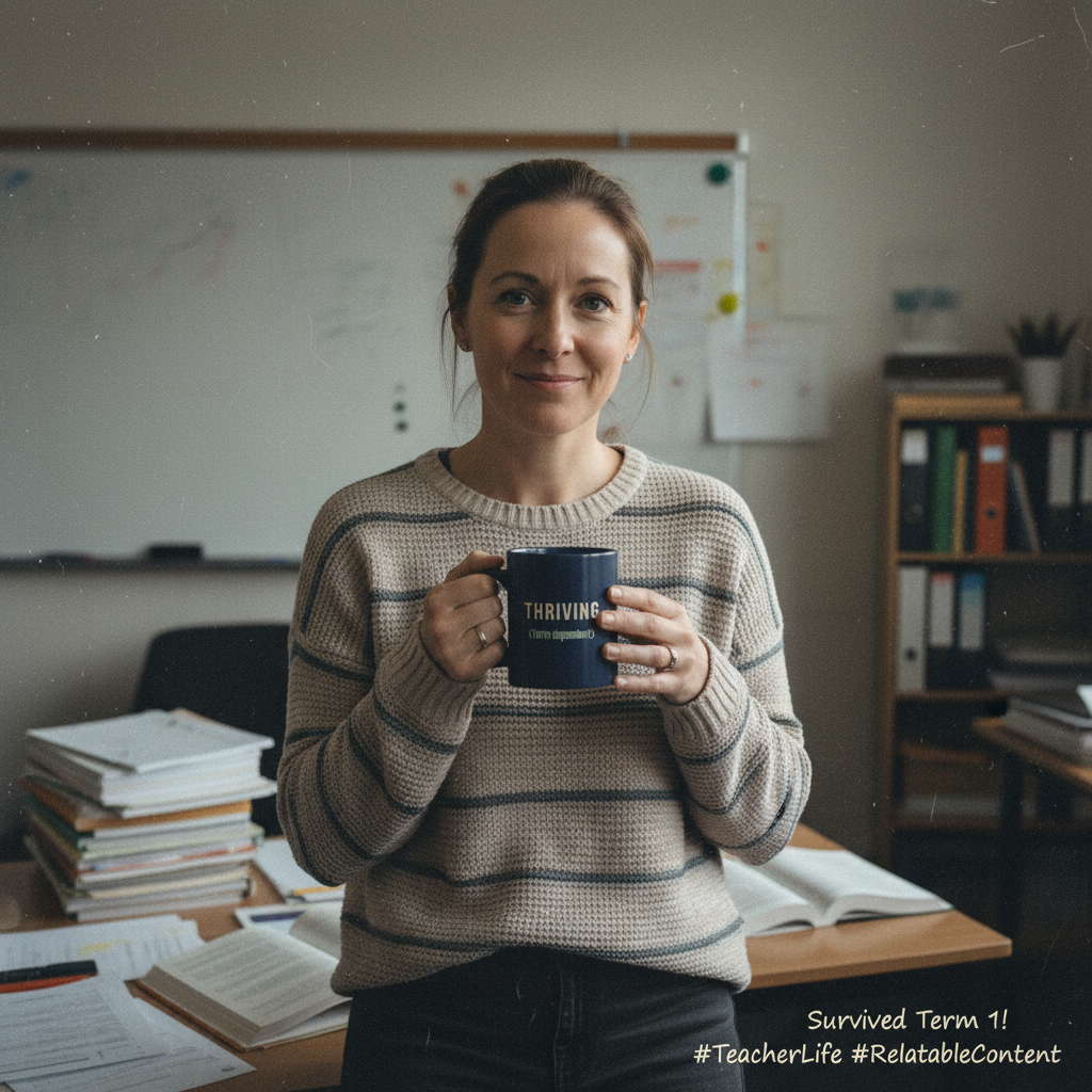 Teacher holding navy THRIVING mug - grainy UGC