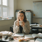 White mug with printed “Overstimulated.” held up by a person