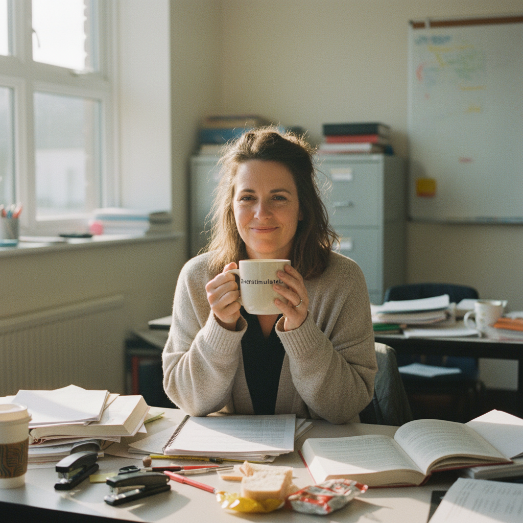 Teacher in staffroom with marking chaos