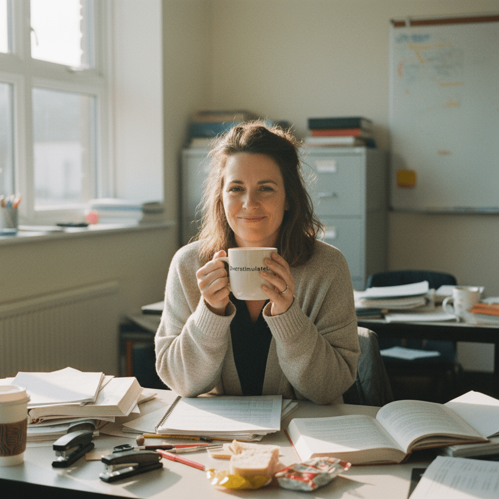 White mug with printed “Overstimulated.” held up by a person