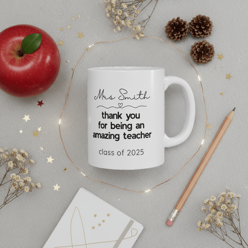 Personalised teacher thank-you mug, 'Mrs Smith' message and 'Class of 2025'.