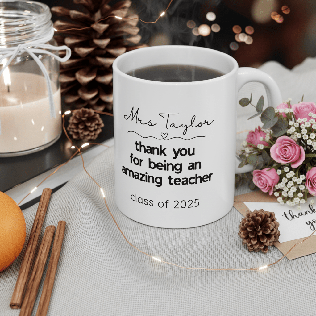 Personalised teacher thank-you mug with 'Mrs Taylor' and 'Class of 2025' print.