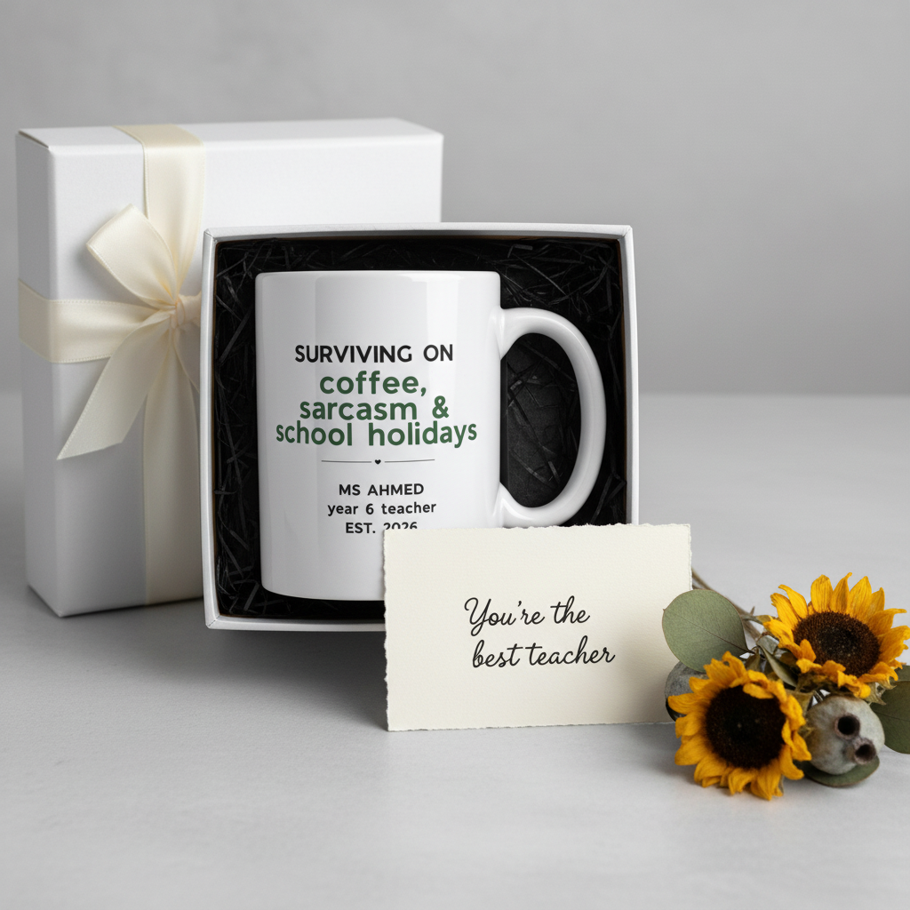Teacher mug — Ms Ahmed gift box card