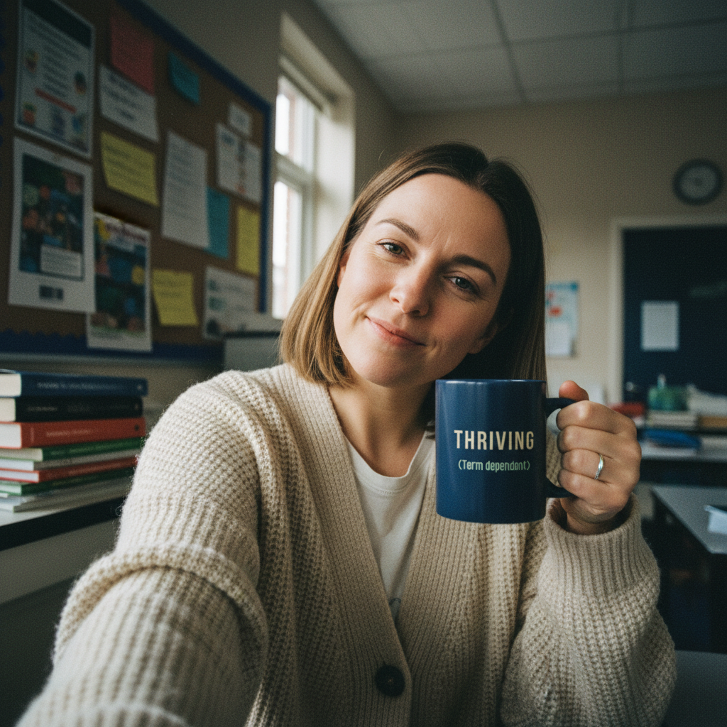 Teacher selfie with navy THRIVING mug - UGC style
