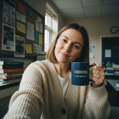 Teacher selfie with navy THRIVING mug - UGC style