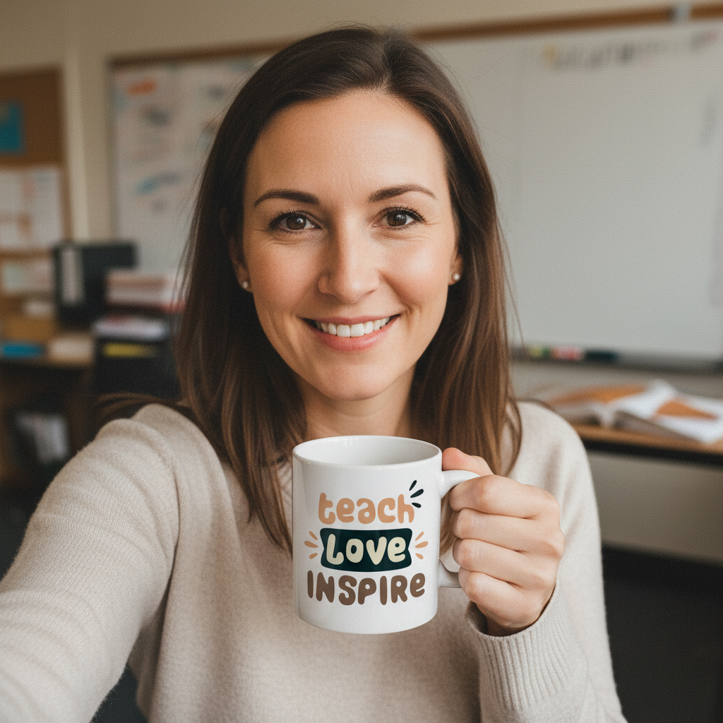 Teacher UGC selfie with dual design mug