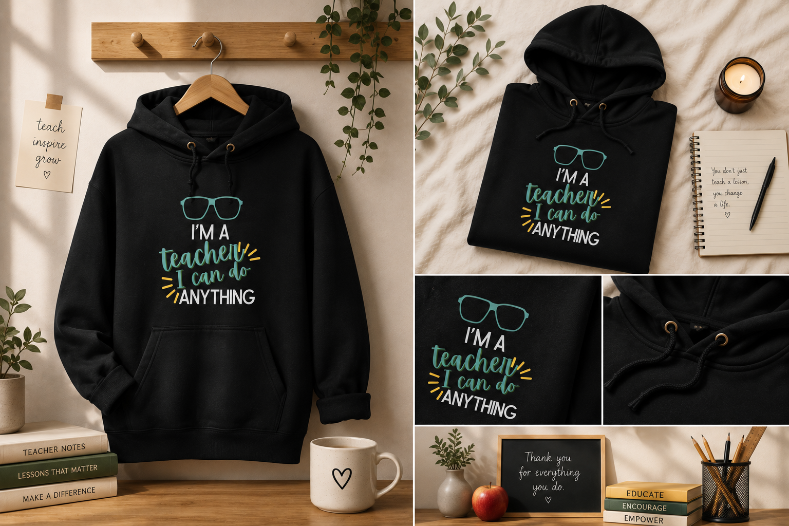 Black hoodie with drawstring hood, front pocket, and large colorful chest slogan text.
