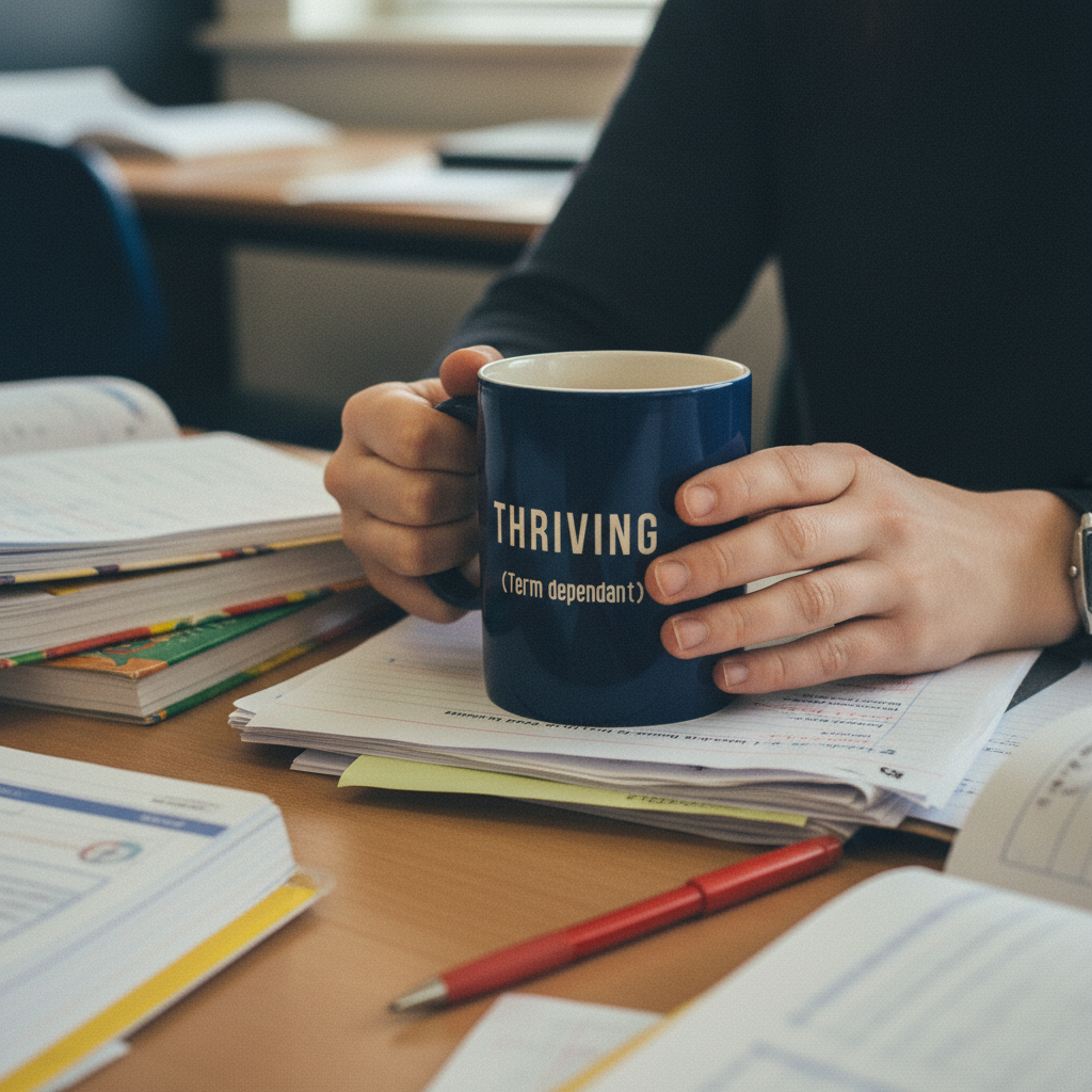 Blue coffee mug with “THRIVING” and “(Term dependant)” printed near the handle