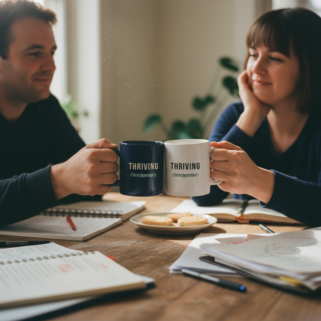 Teachers holding THRIVING mugs during break
