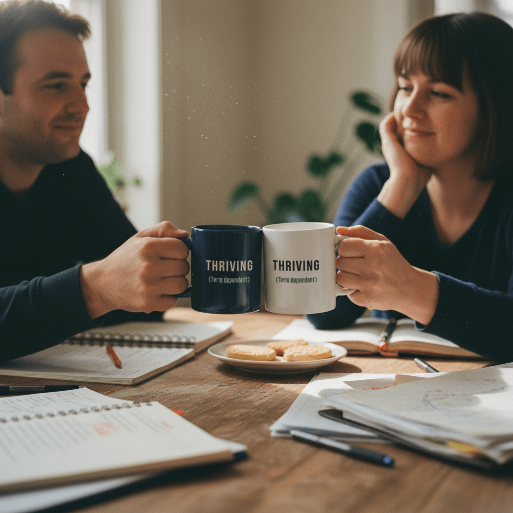 Two ceramic mugs, dark and white, each printed “THRIVING (Term dependant)”.