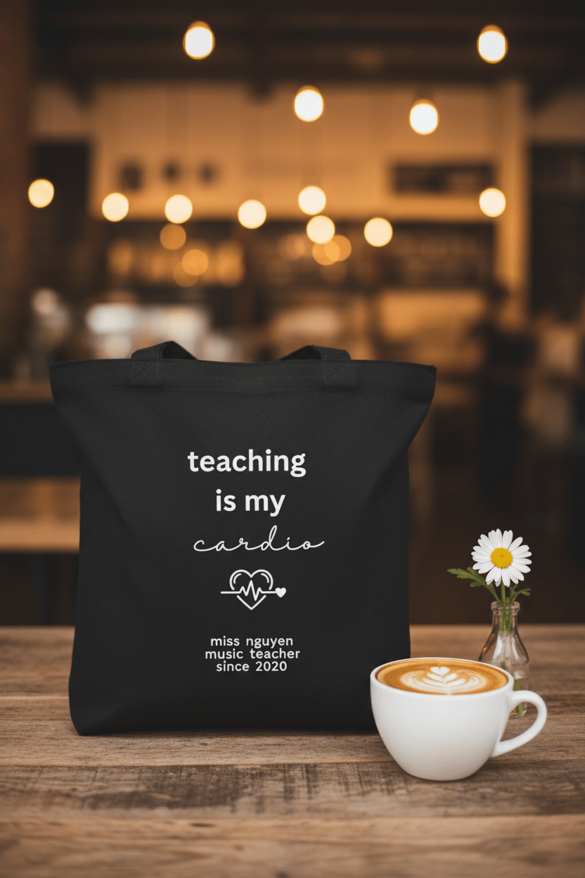 Black tote bag on table, "teaching is my cardio" with "miss nguyen" since 2020