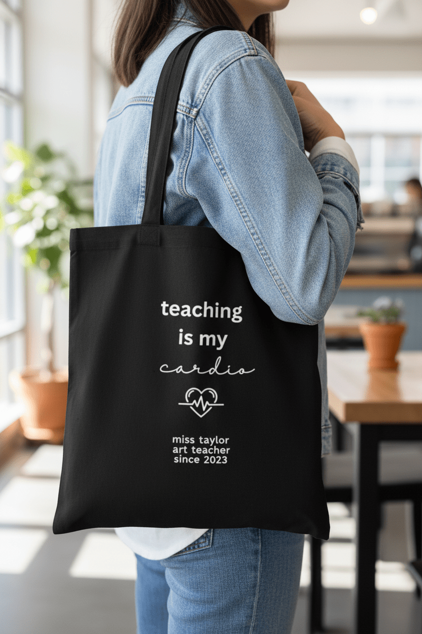 Black tote bag on person, "teaching is my cardio" with "miss taylor" since 2023