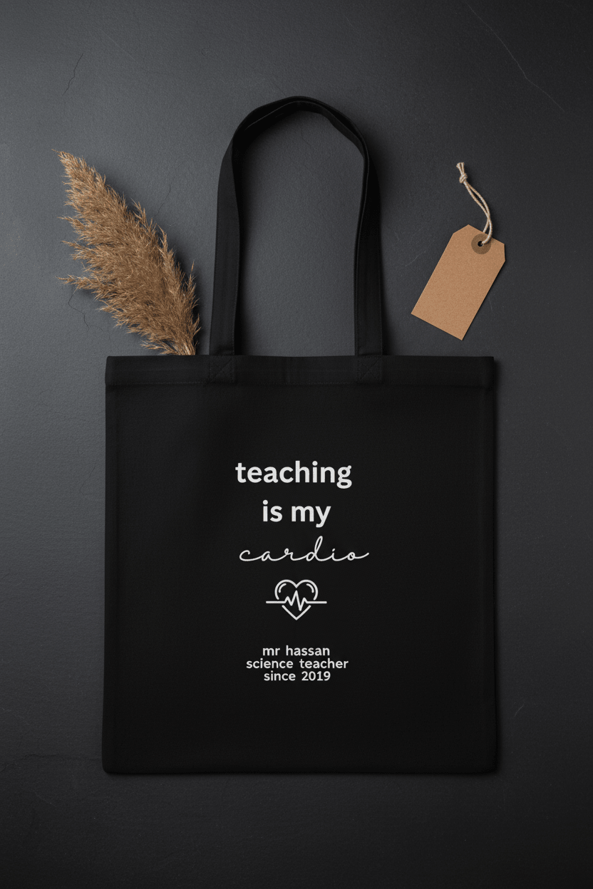Black tote bag with tag, "teaching is my cardio" with "mrs hassan" since 2019