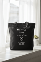 Black tote bag by window, "teaching is my cardio" with "mrs campbell" since 2016