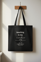 Black tote bag hanging, "teaching is my cardio" with "mrs hill" since 2014