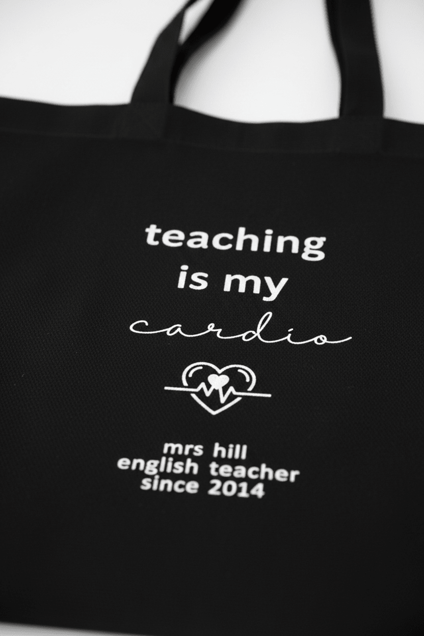 Black tote bag close-up, "teaching is my cardio" with "mrs hill" since 2014