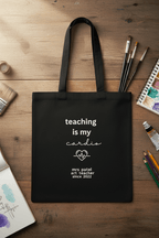 Black tote bag on wood surface, "teaching is my cardio" with "mrs patel" since 2022