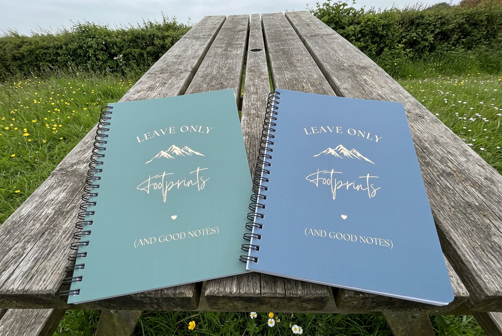 A5 hiking notebooks with light blue covers, spiral binding, lined pages