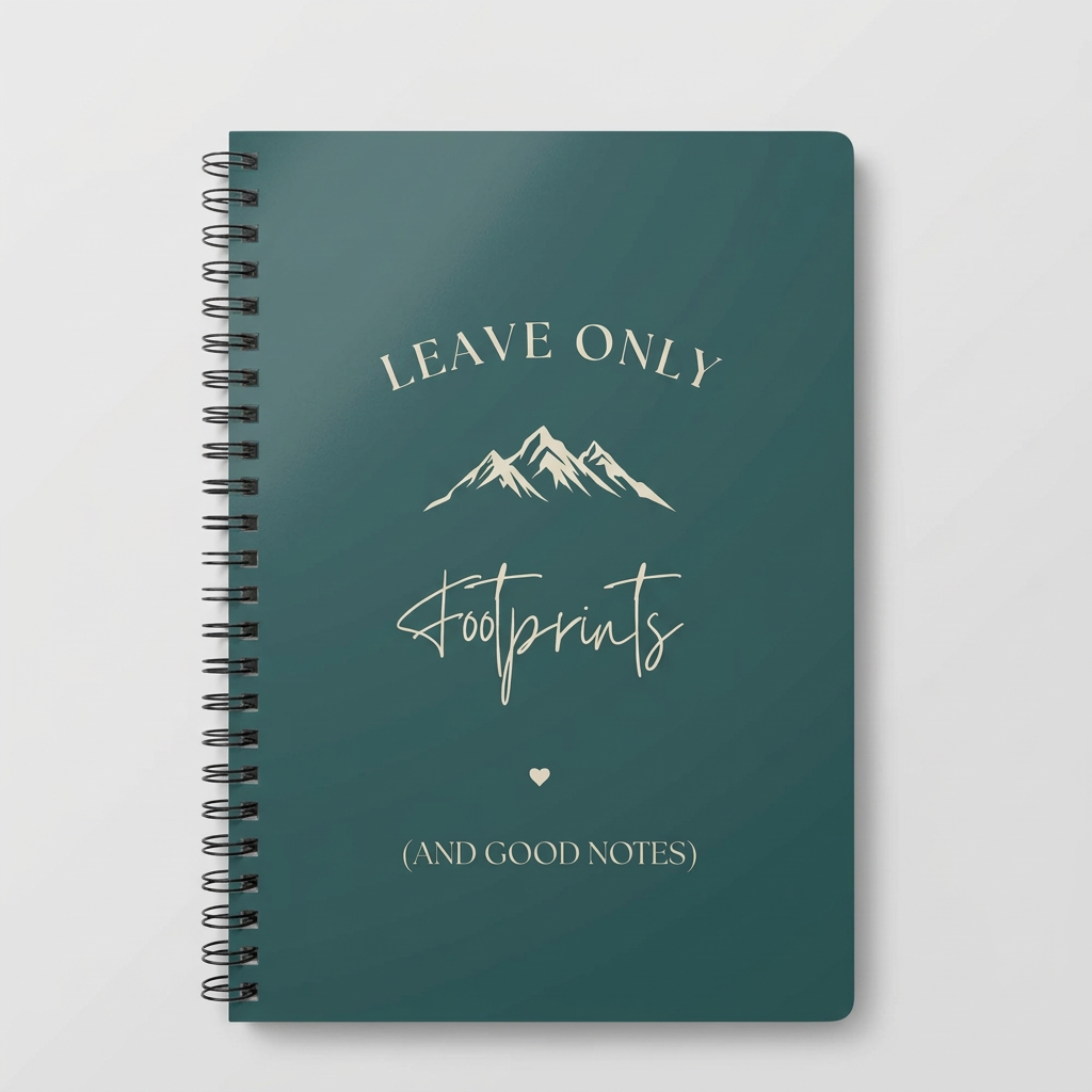 A5 hiking notebook, teal green cover with mountain and footprint text