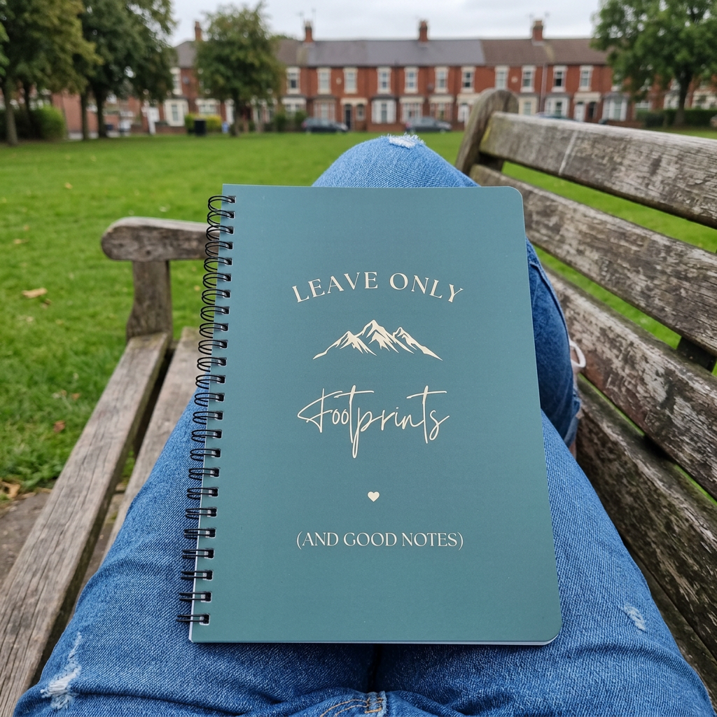 A5 hiking notebook with teal-blue cover, spiral binding, footprints and mountain logo