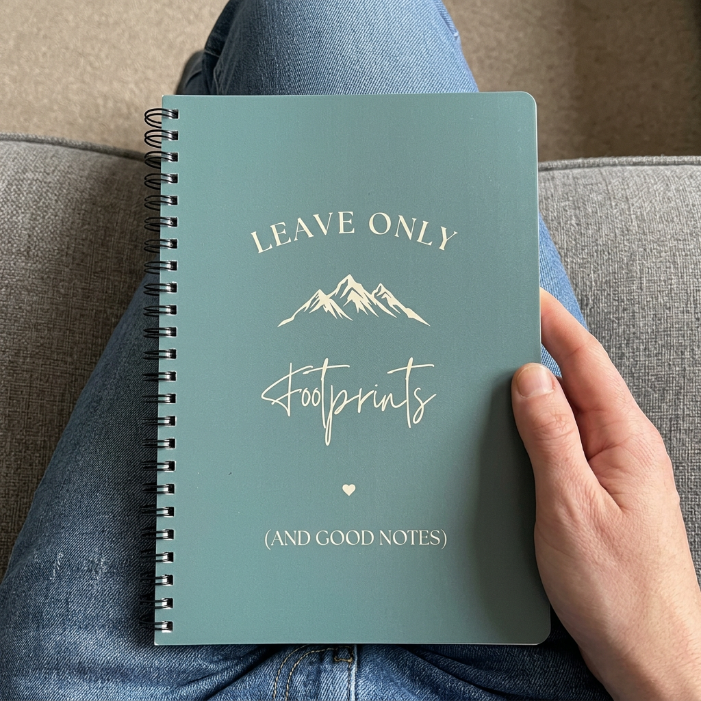 A5 hiking notebook with light teal cover, spiral binding, footprints and mountain graphic
