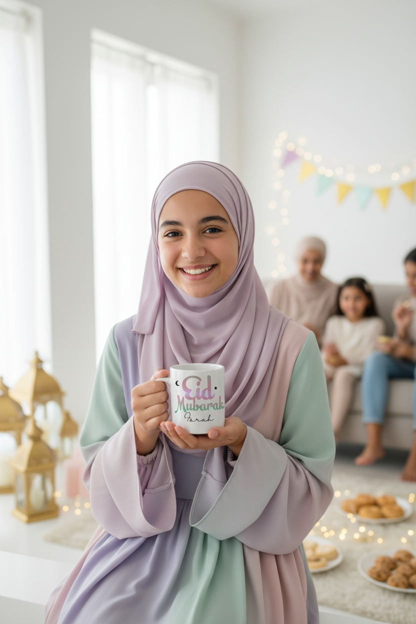 Teenage girl holding Farah mug
