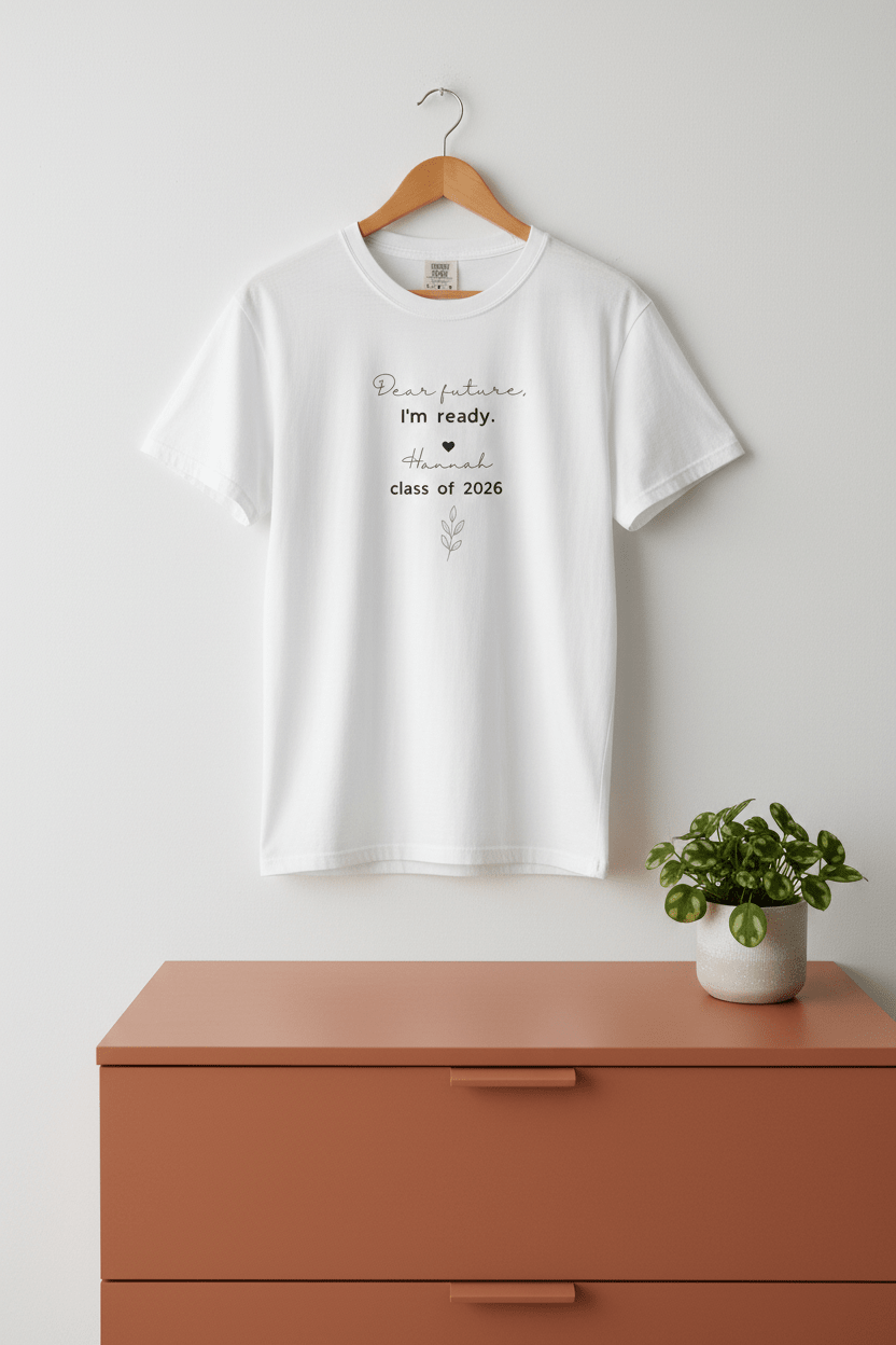 White graduation T-shirt, crew neck, with "Dear future, I'm ready" "Class of 2026"