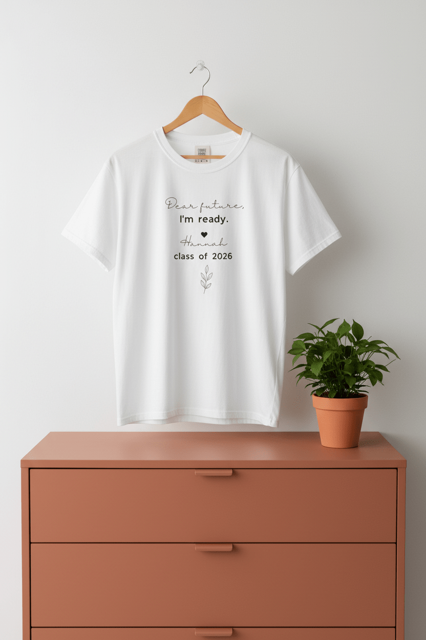 White graduation T-shirt with "Dear future, I'm ready" and "Class of 2026" print