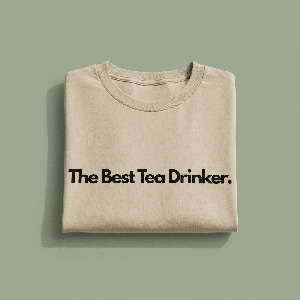 Beige T-shirt with "The Best Tea Drinker" text print