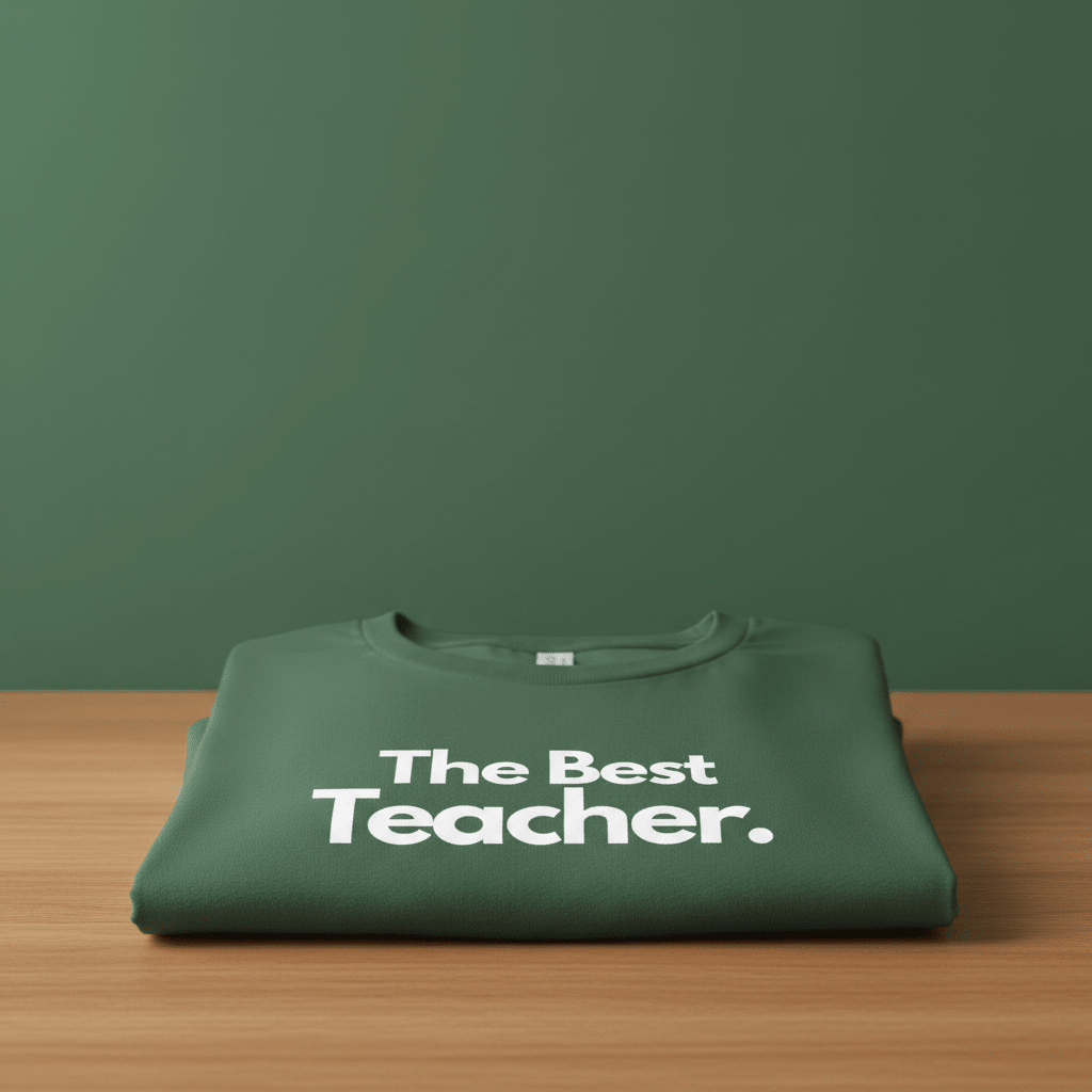Green T-shirt with "The Best Teacher" text print