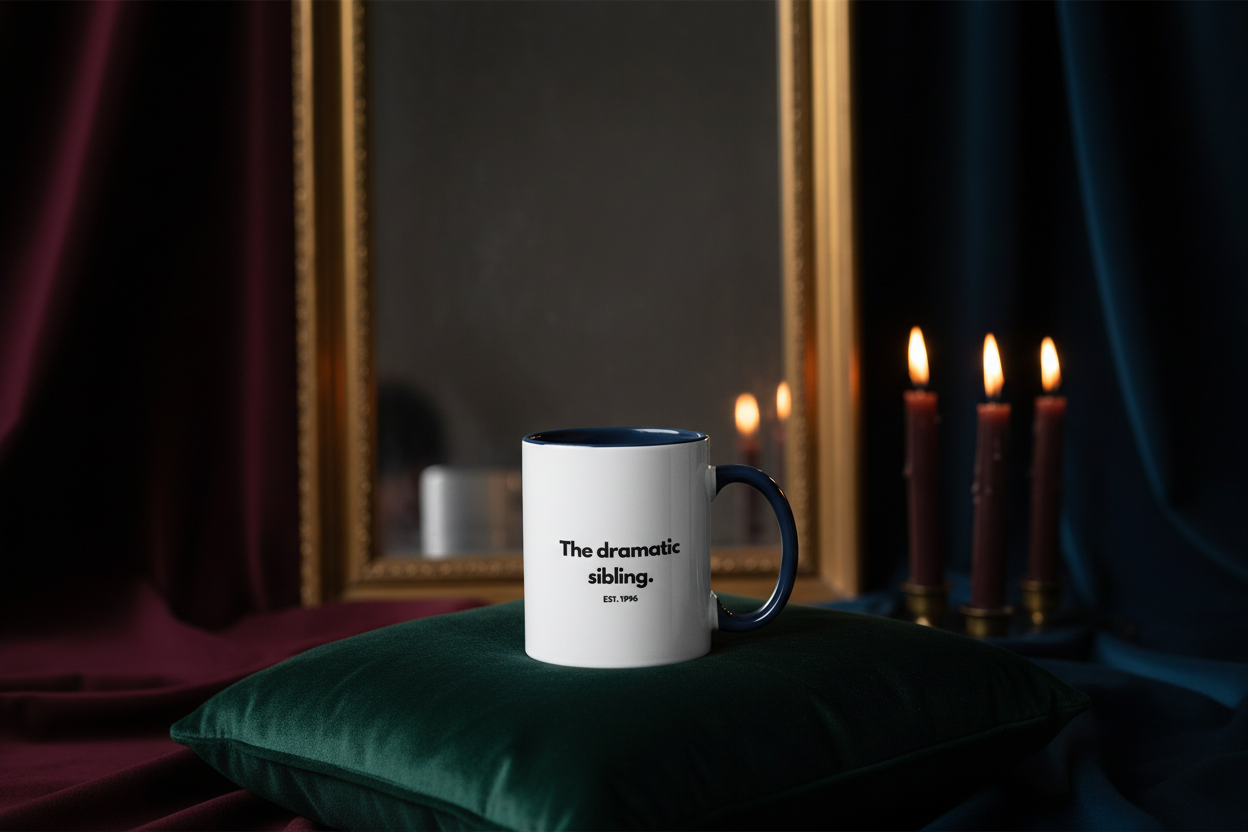 The Dramatic Sibling Mug - Moody Theatrical Setting