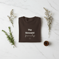 Dark brown personalised family T-shirt with “The Steward” text, script “family,” and heart