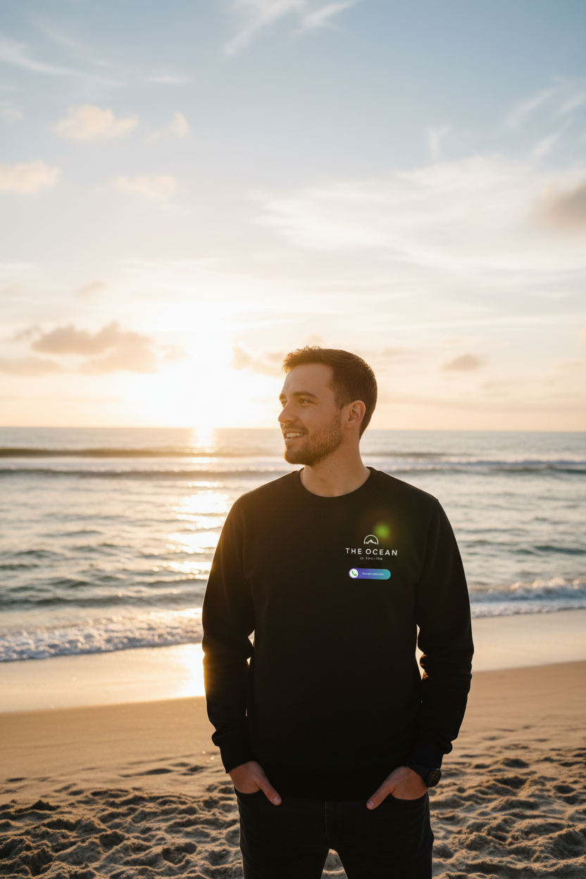 Black crewneck sweatshirt with “THE OCEAN” chest print and small badge, worn