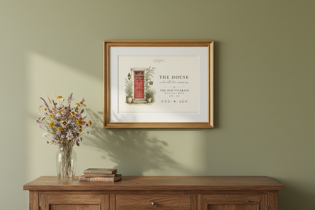 Framed canvas print with illustrated gray front door, plants, and house lettering