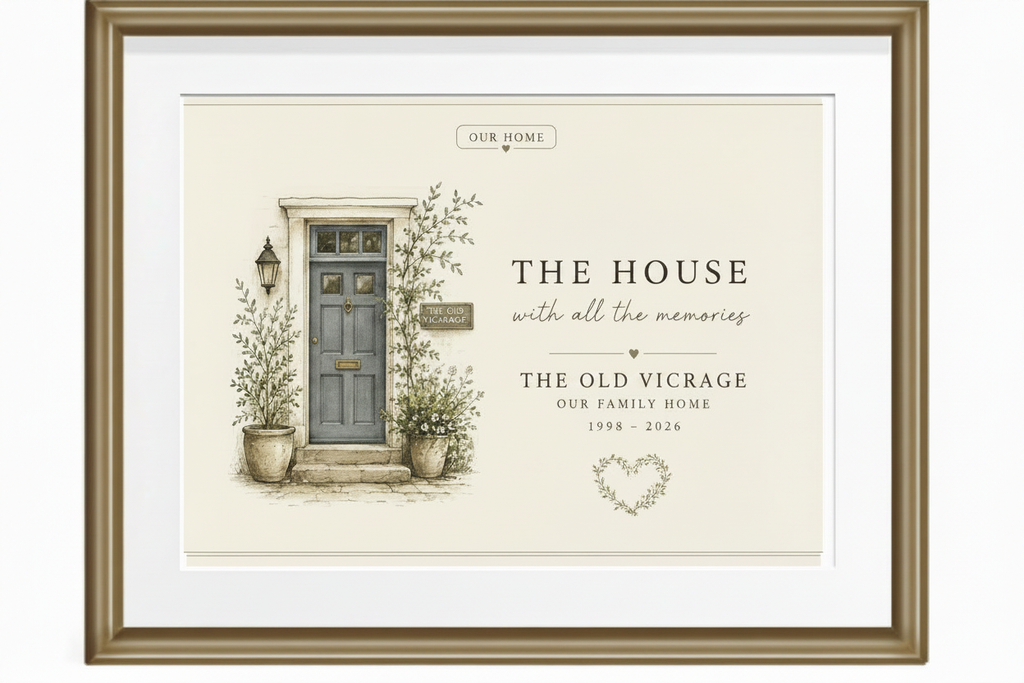 Framed canvas print with illustrated gray front door, vine accents, and decorative heart text