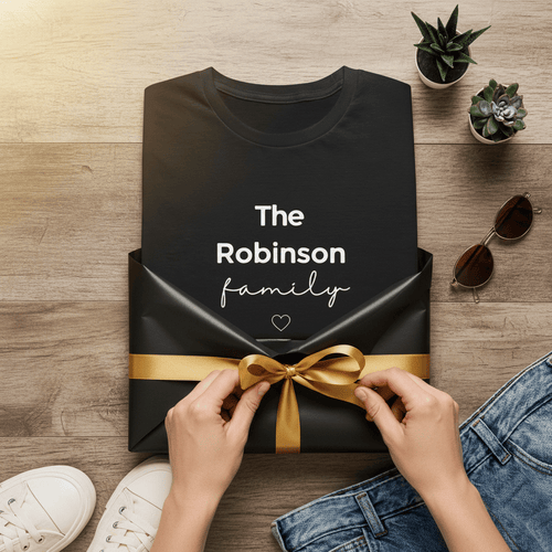 Black personalised family T-shirt with “The Robinson” name, script “family,” and heart