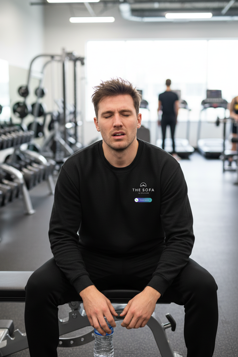 Black crewneck sweatshirt with printed chest logo, long sleeves
