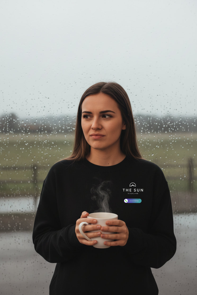 Black crewneck sweatshirt with printed chest graphic and long sleeves