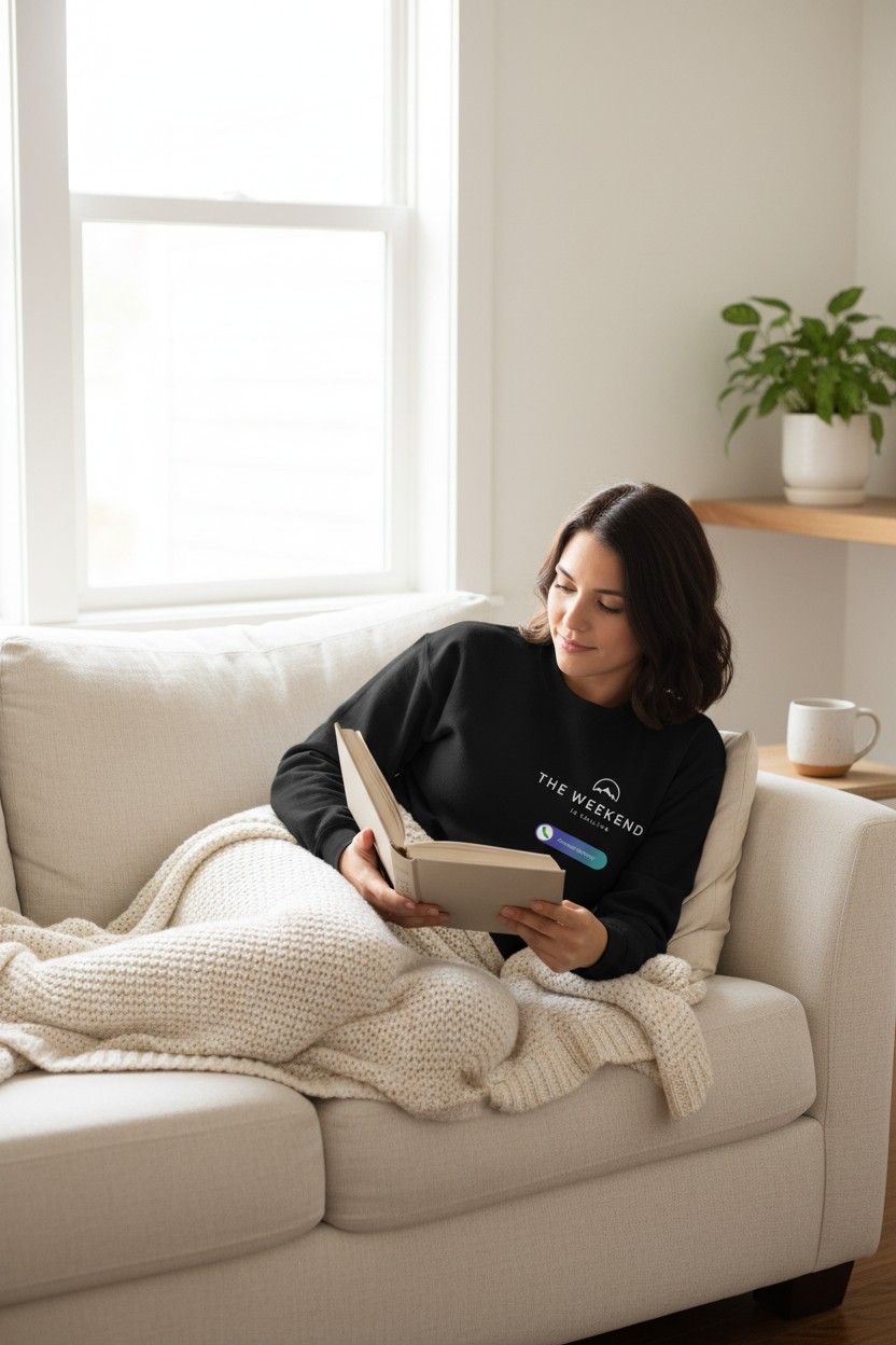Deep black crewneck sweatshirt, long sleeves, printed chest graphic