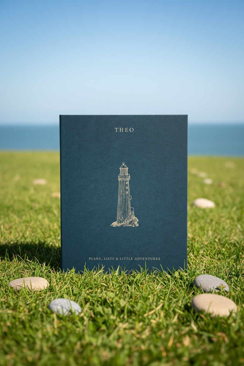 Blue A5 notebook with THEO name and lighthouse illustration on grass.