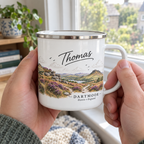 Personalised enamel camping mug, white with Dartmoor landscape and name Thomas