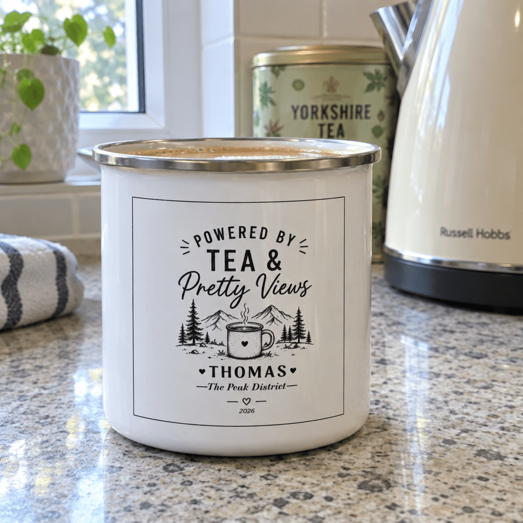 White enamel camping mug with silver rim, “Powered by Tea & Pretty Views” printed label.