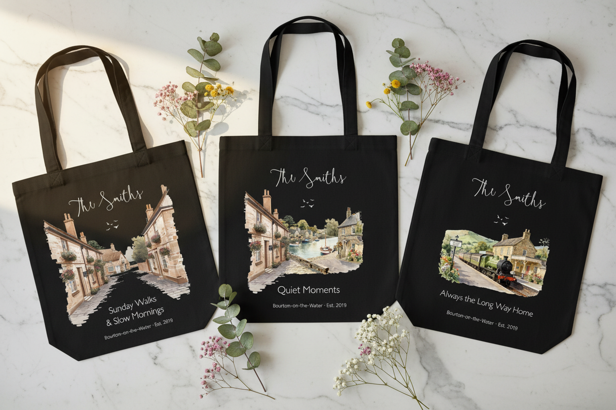 Set of three black tote bags with different watercolor scenes and family names