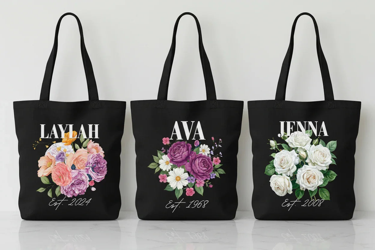 Personalised Floral Tote Bag | Custom Name, Text & Date | Choose Rose Colours | Eco Gift - Alley Crafters