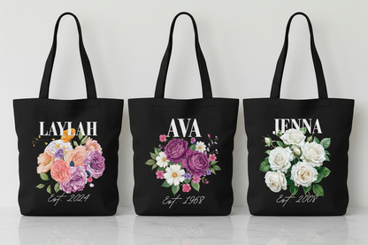 Personalised Floral Tote Bag | Custom Name, Text & Date | Choose Rose Colours | Eco Gift
