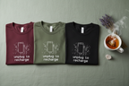 Unisex t-shirt set: maroon, olive, and black with unplug-to-recharge graphic