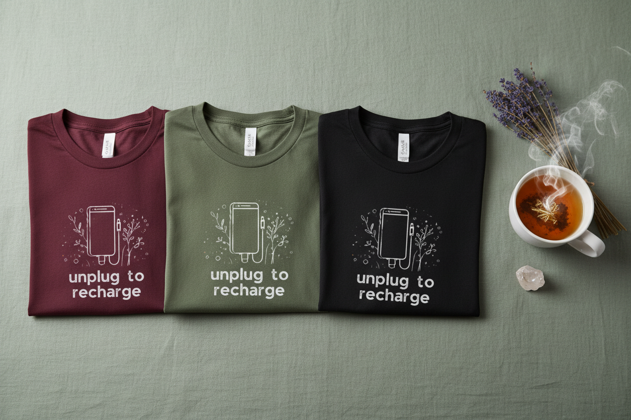 Unisex t-shirt set: maroon, olive, and black with unplug-to-recharge graphic