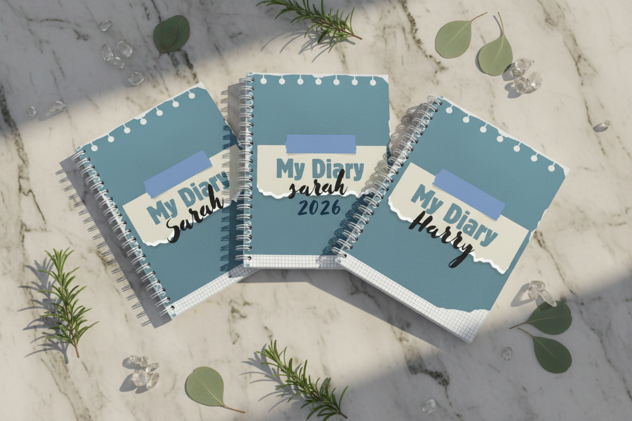 Three diaries fanned out with rosemary and eucalyptus