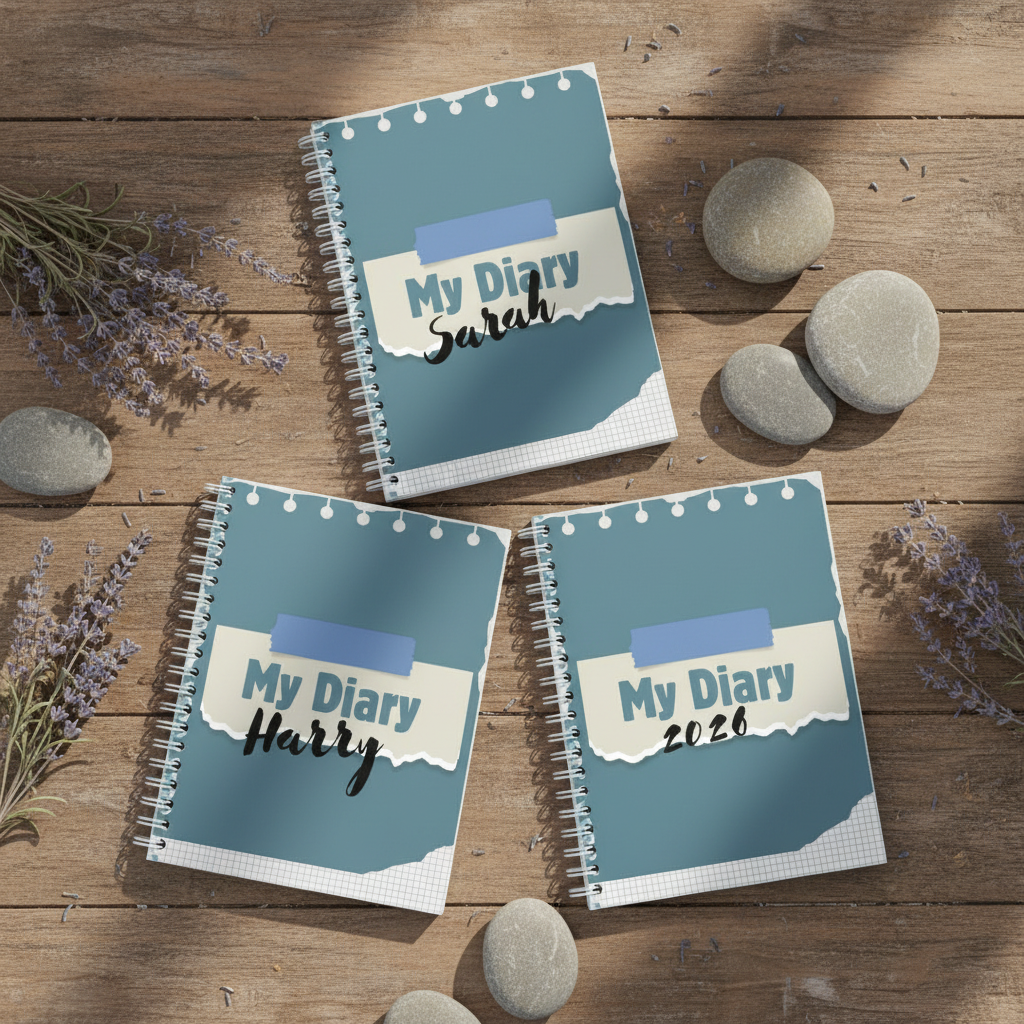 Three diaries in triangle with lavender - square
